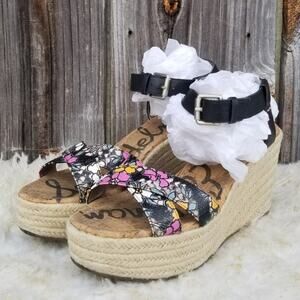 Platform Wedge Espadrille Sandals Sam Edelman Destin Size 10 Black Leather Strap